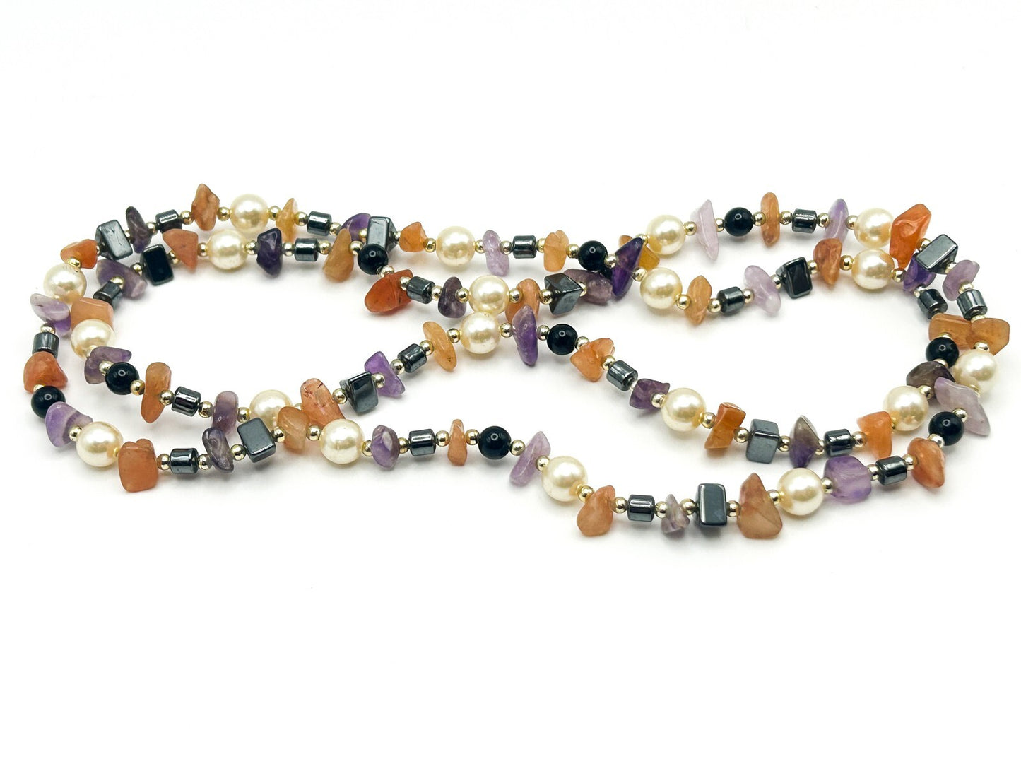 Gemstone Chip Necklace: Hematite, Amethyst, Carnelian & Faux Pearl