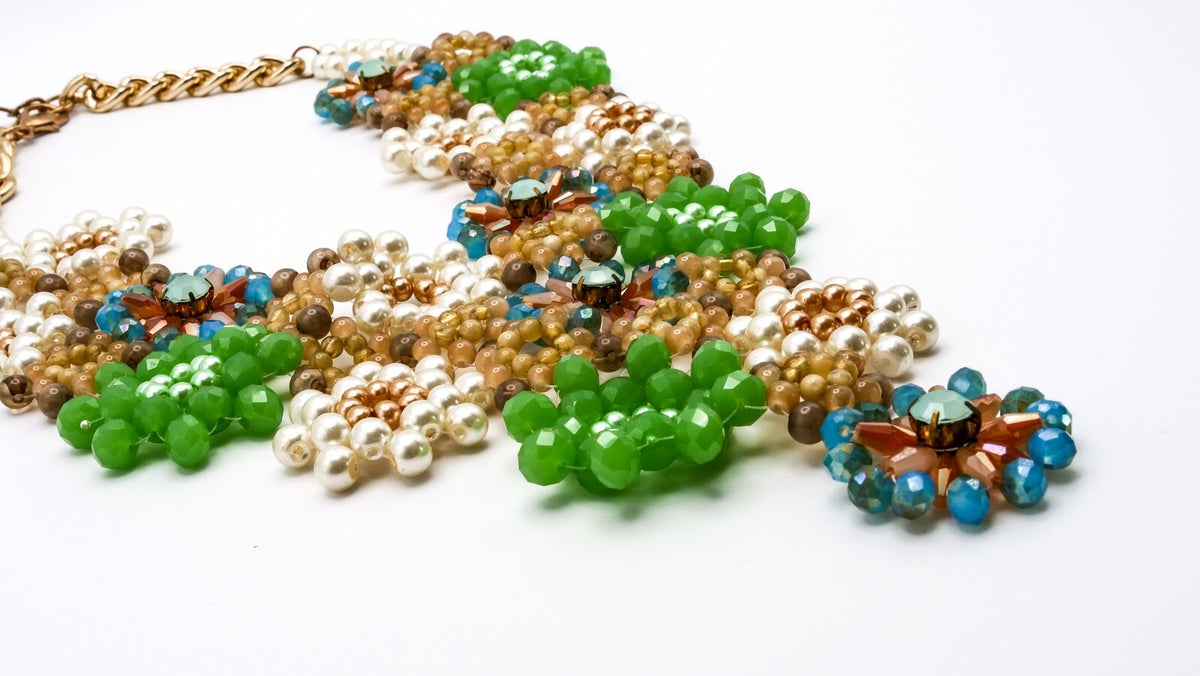 Glass Floral Bib Necklace with Gold Tone Chain | Folkcore, Boho, 12.5"