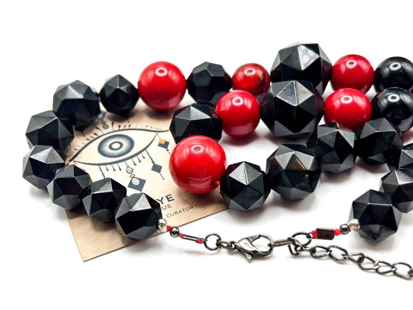 Vintage Red and Black Beaded Pendant Necklace