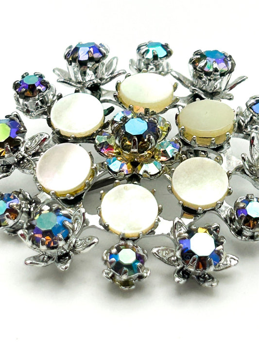 AB Rhinestone Cluster Brooch Mother of Pearl Silver Tone Pin