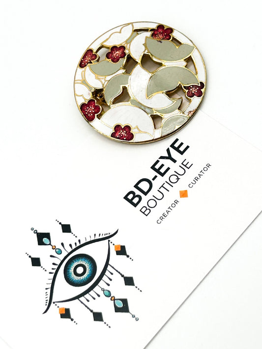 Vintage Cloisonné Enamel Floral Brooch Red White Gold Tone Disc Pin