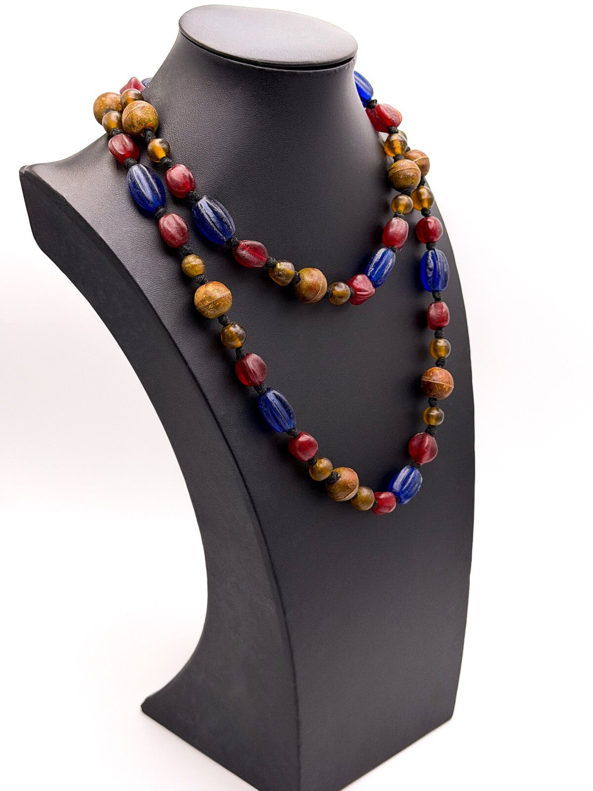 Vintage Blue, Red & Amber Frosted Glass African Trade Bead Necklace, Boho
