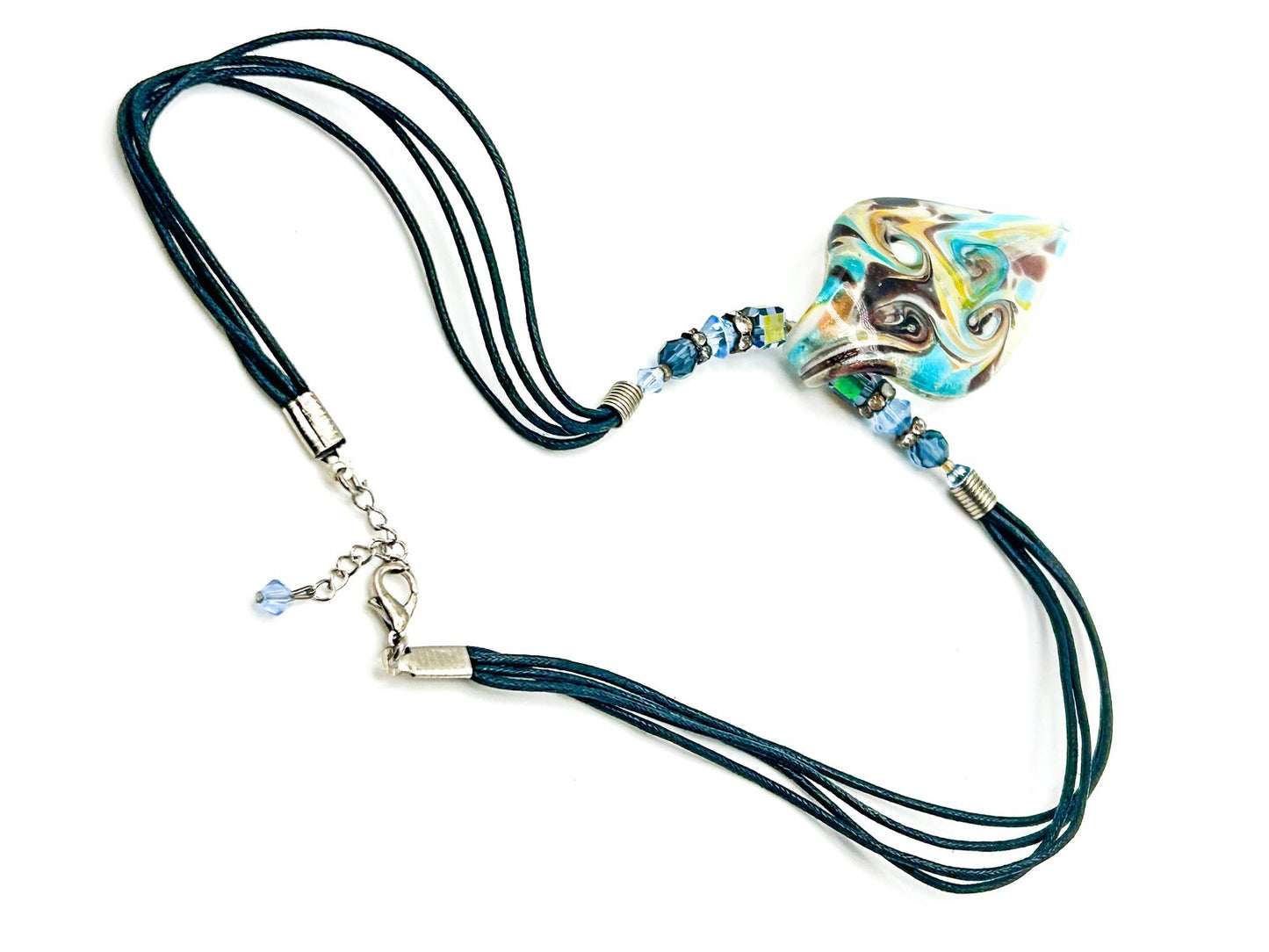 Yellow & Turquoise Art Glass Swirl Pendant Necklace on Cord