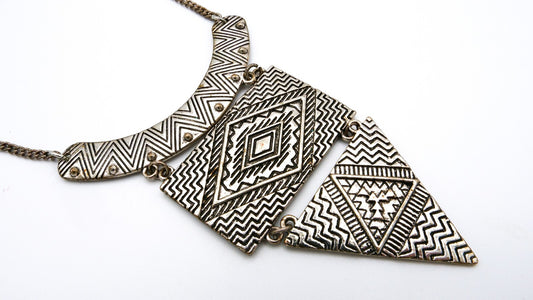 Geometric Tribal-Inspired Statement Necklace - Silver Tone Pendant Chain Panel
