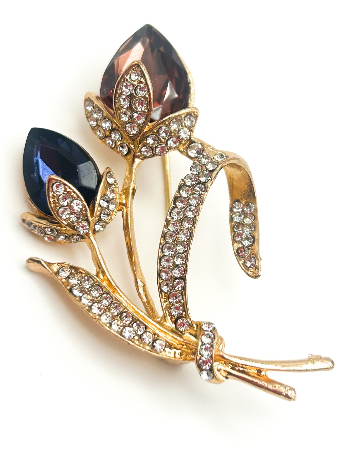 Vintage Gold Tone Double Tulip Crystal Flower Brooch Blue & Mauve Floral Design