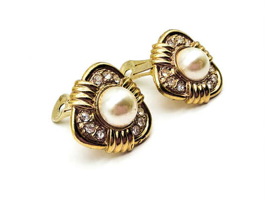 Vintage Gold Tone Faux Pearl Rhinestone Clip On Earrings Statement 1980s Retro
