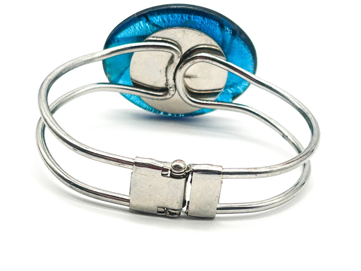 Art Glass Swirl Bangle Blue Pink Silver Hinged Statement Bracelet