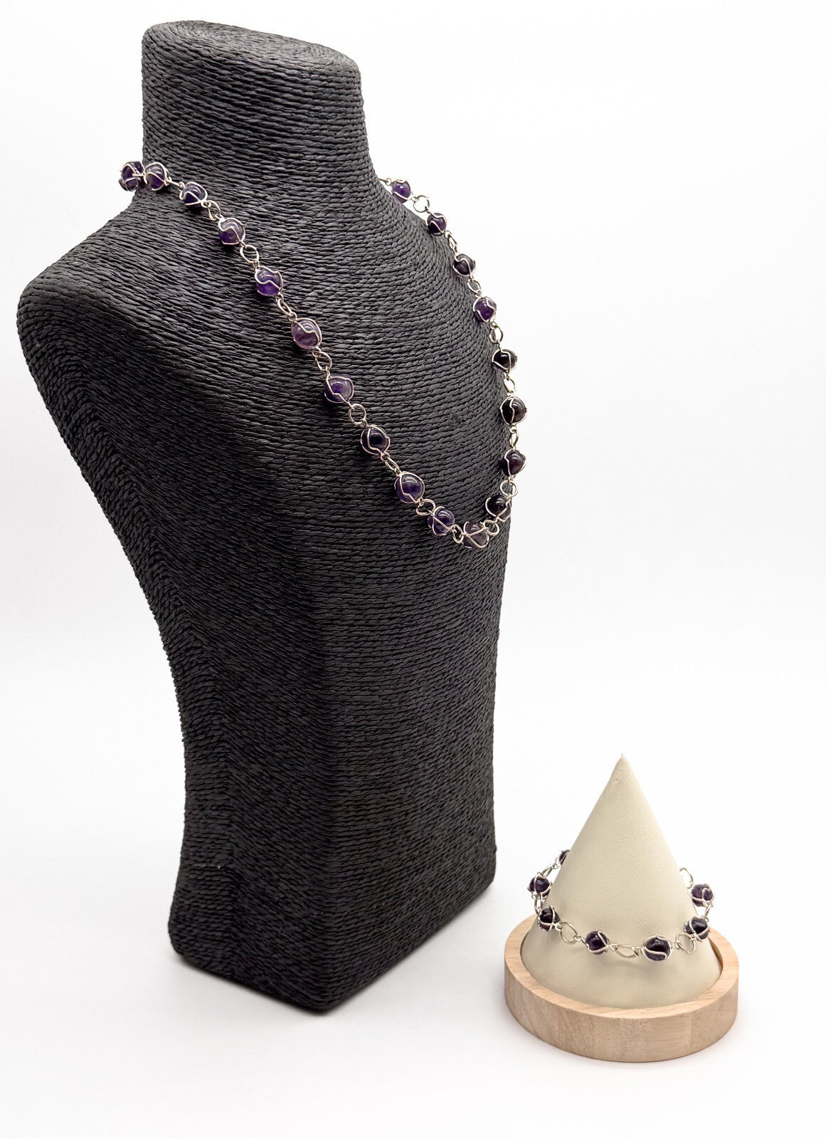 Amethyst Necklace & Bracelet Set Wire Wrapped Purple Gemstone Chain 20.5”