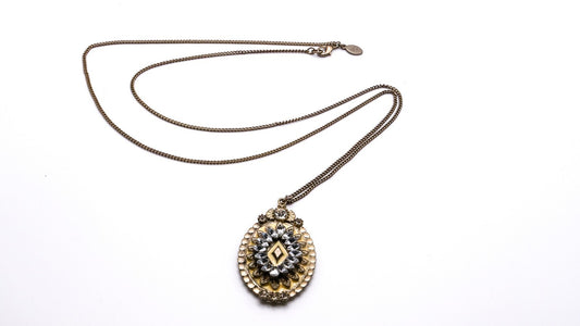 Oval Cream & Rhinestone Ornate Pendant | 33" Length, Gold Tone