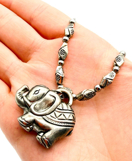Elephant Pendant Necklace Silver Tone Beaded Tribal Boho Style Animal Charm Cute