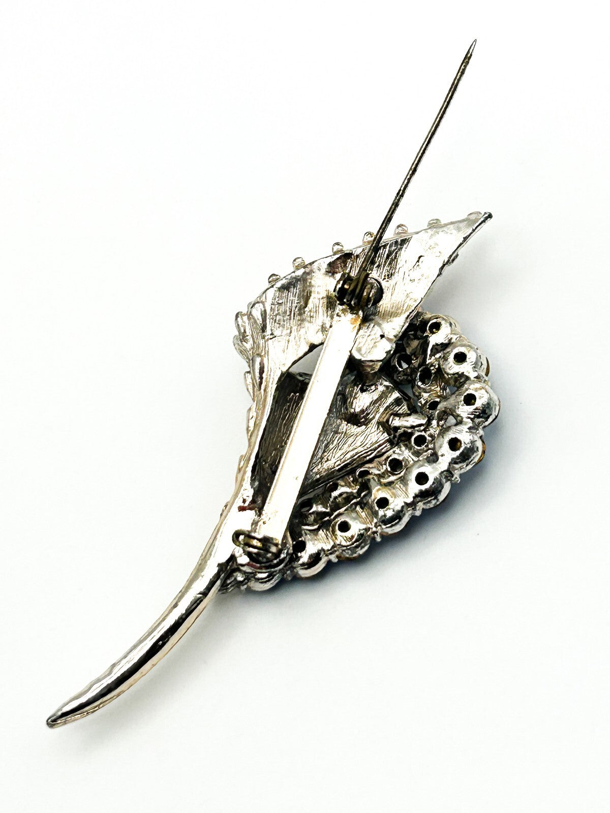 Vintage Style Blue Rhinestone Floral Spray Brooch Silver Tone Flower Statement