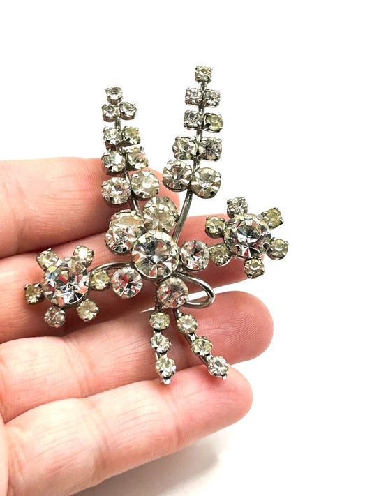 Vintage Rhinestone Flower Brooch Floral Spray Prong Set Glass 1950s 1960s Retro