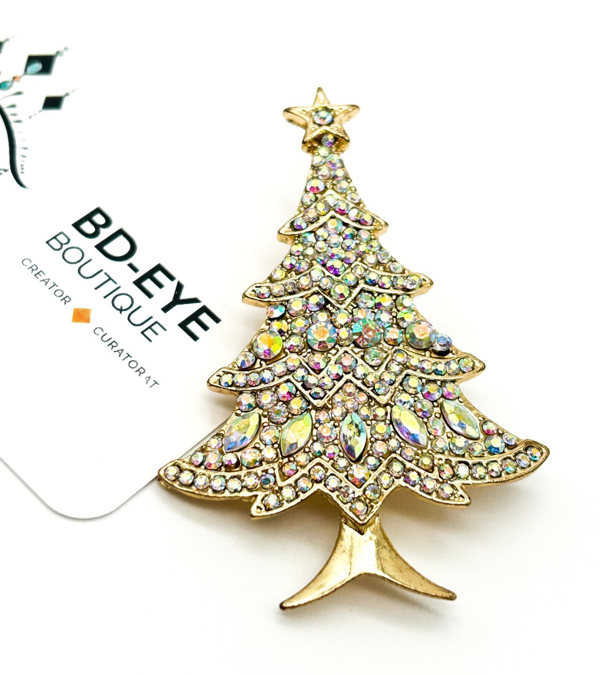 Aurora Borealis Rhinestone Christmas Tree Brooch Festive Sparkle Holiday Pin AB
