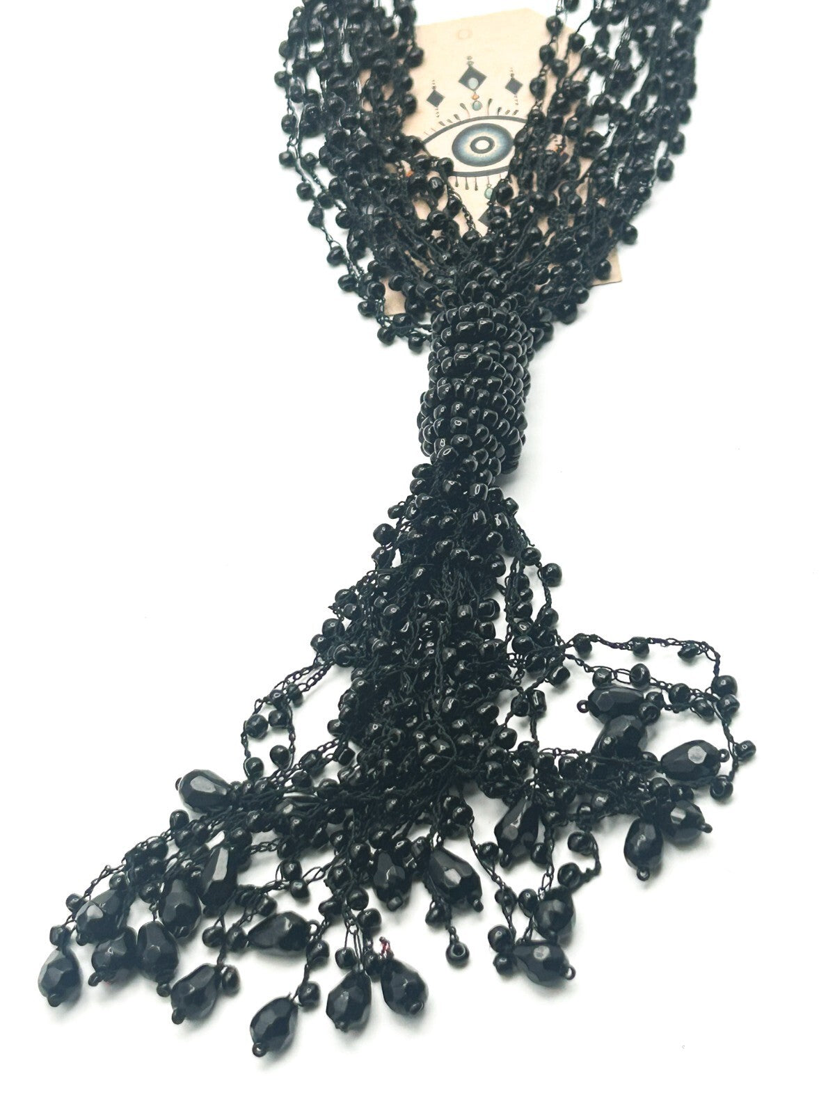 Black Multi Strand Beaded Tassel Necklace Statement Signed WS 25”