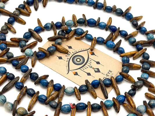Blue & Brown Dyed Seed Long Boho Necklace