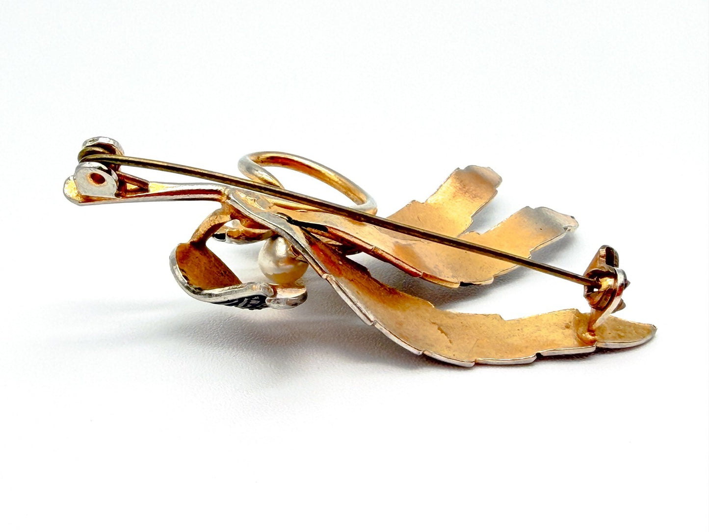 Toledo Damascene Leaf Brooch Gold Inlay Floral Vintage Spanish Pin 5.5cm