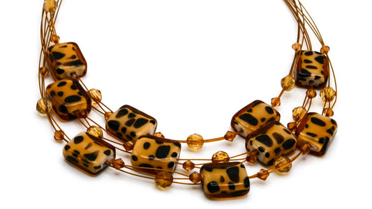 Shell-Glass Bead Necklace & Earring Set | Tortoiseshell Effect | Brass Tone
