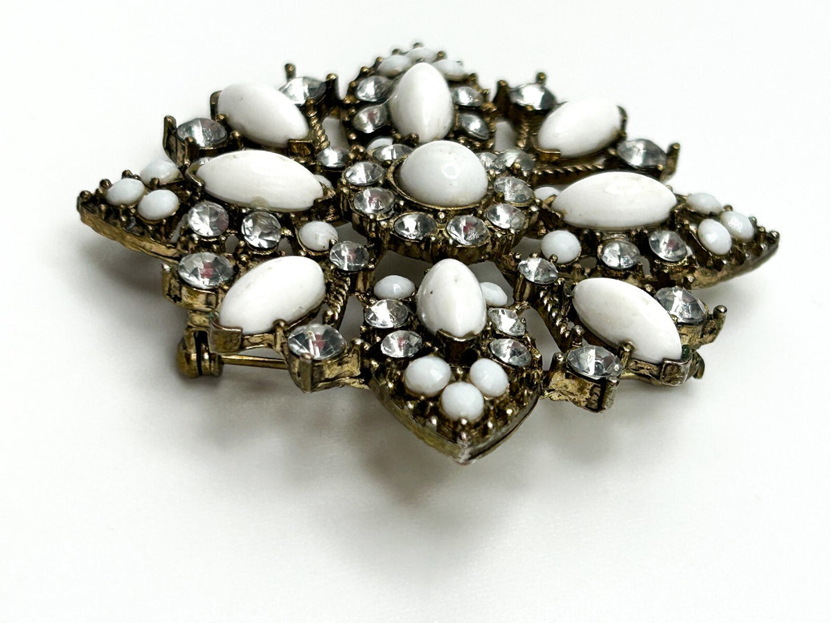 Vintage White Marquise and Round Cabouchon and Rhinestone Flower Brooch