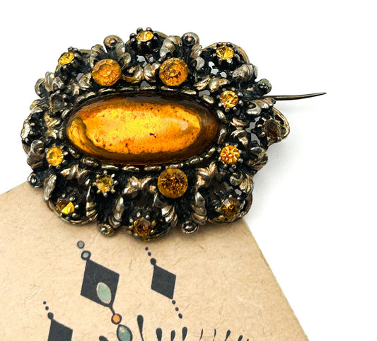 Vintage Amber Glass Oval Cabochon Brooch Rhinestone Ornate Gold Tone Openwork