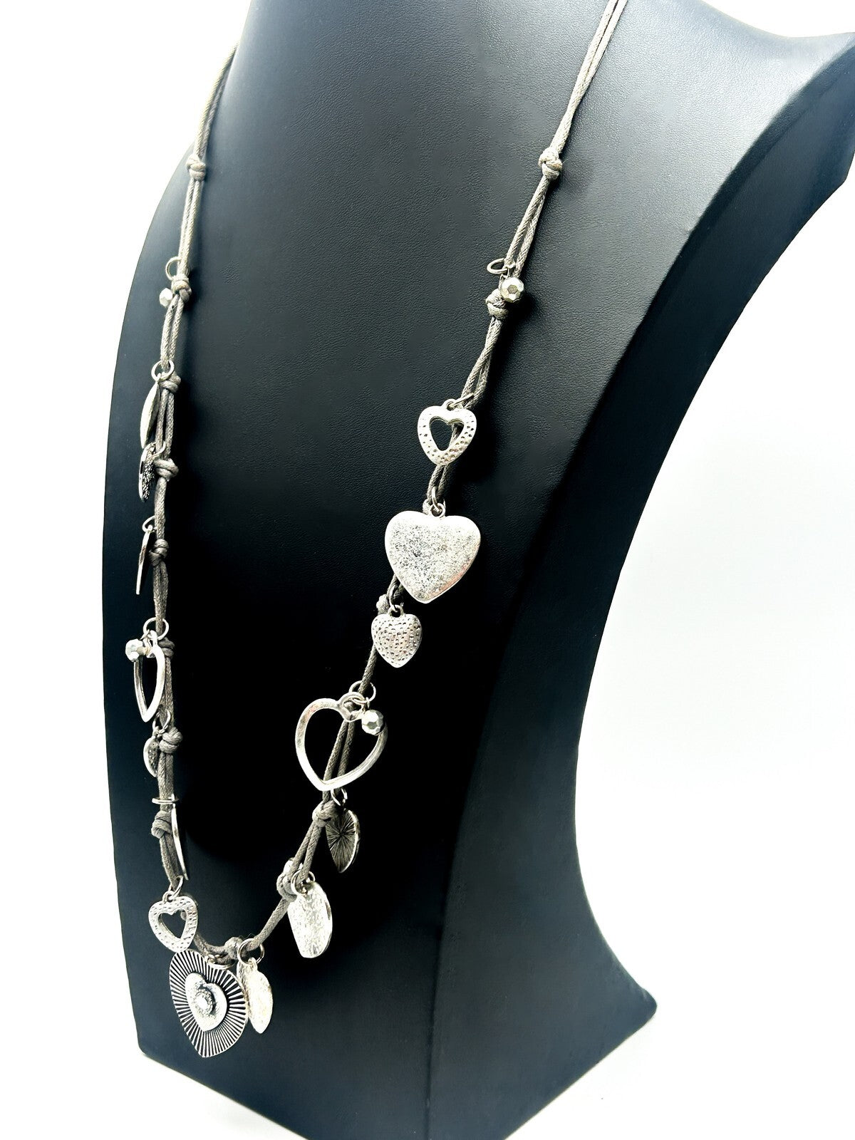 Laura Ashley Silver Tone Heart Charm Necklace on Grey Cord Love Hearts Long
