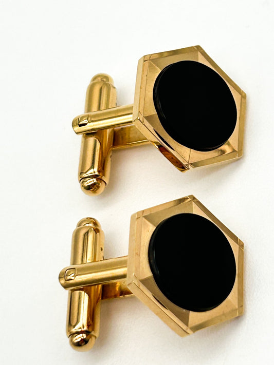Vintage Gold Tone Black Glass Hexagonal Cufflinks Mens Formal Retro Smart