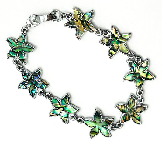 Abalone Shell Flower Bracelet Silver Tone Floral Link Bracelet 6.5”
