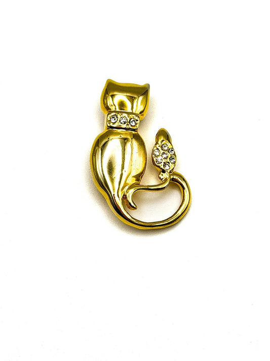 Cat & Bird Sitting Together Vintage Gold Tone Brooch With Rhinestone Sparkles