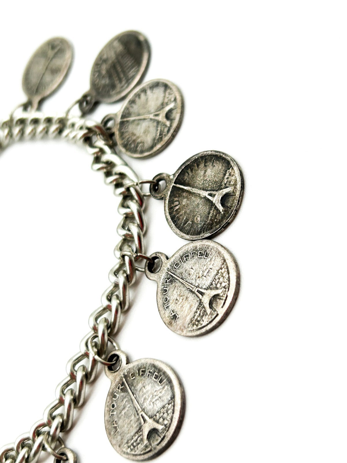 Vintage Paris Souvenir Coin Charm Bracelet with Eiffel Tower & Notre Dame Charms