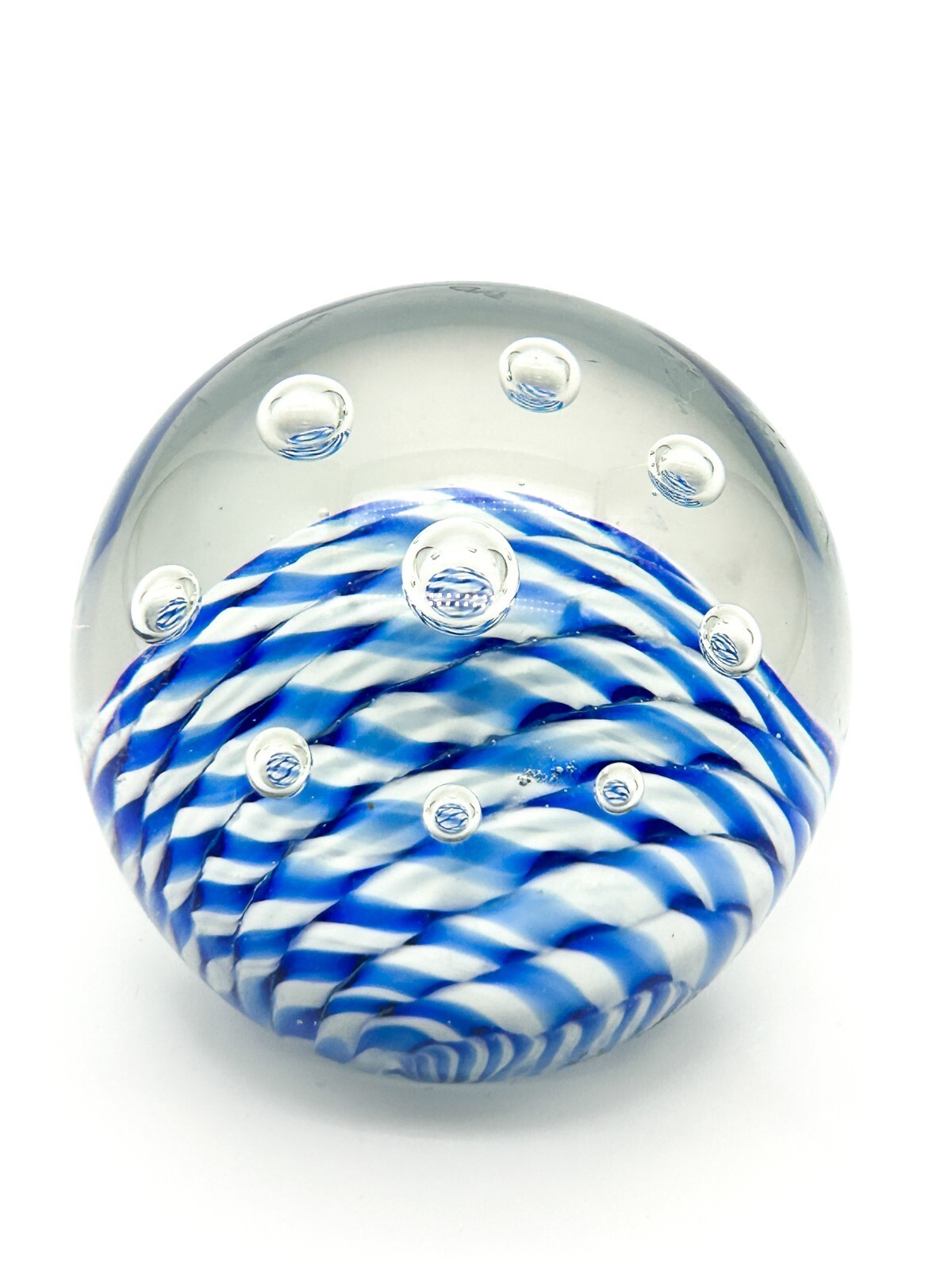Vintage Blue White Stripes Bubbles Art Glass Paperweight Dome Controlled Bubbles
