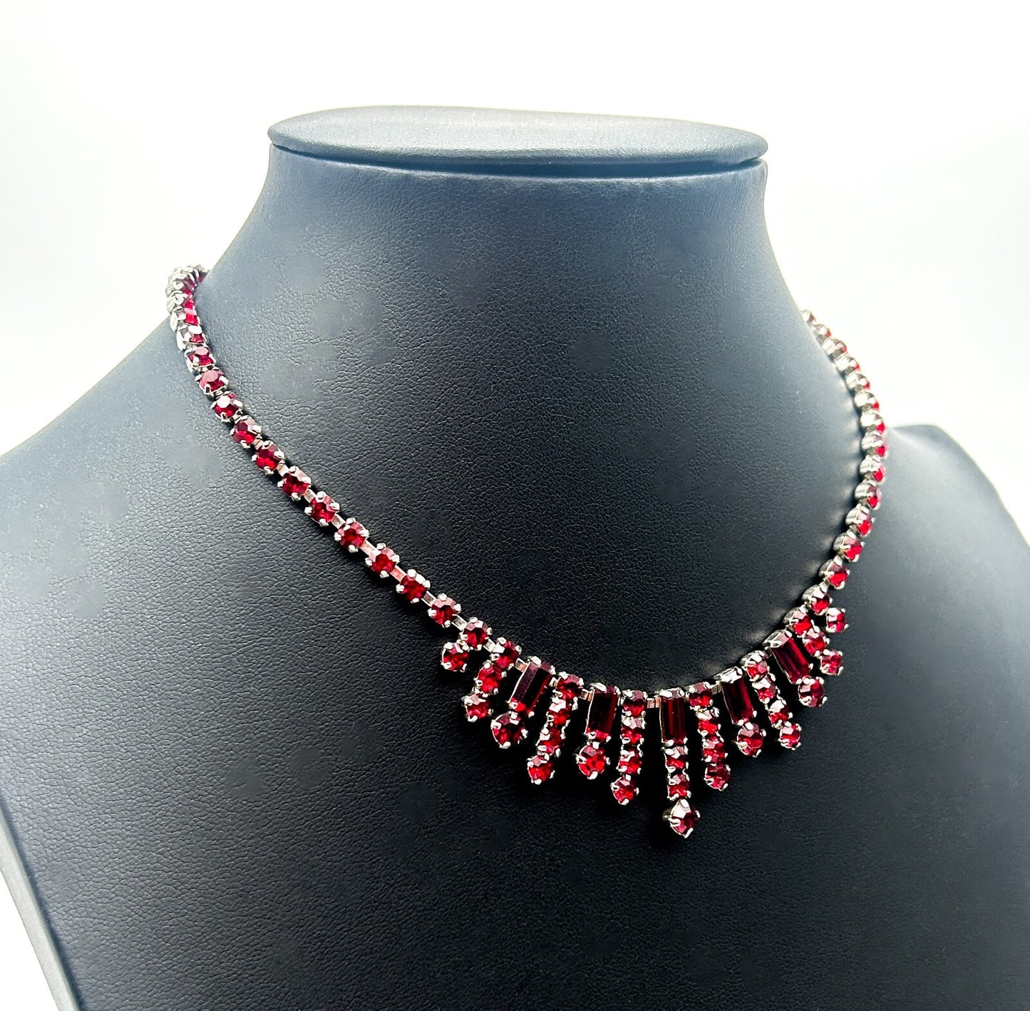 Vintage Red Rhinestone Fringe Statement Necklace Baguette Drop 14.5”