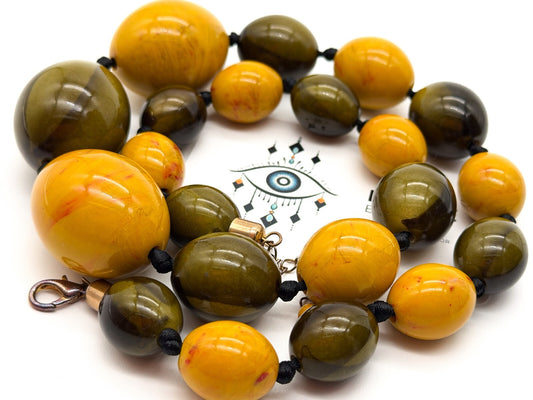 Chunky Statement Necklace Olive Green Mustard Acrylic Beads Graduated 25”
