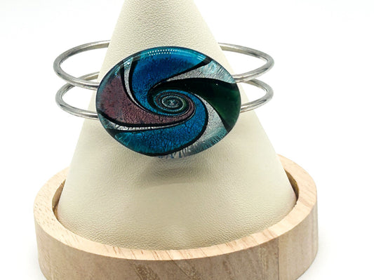 Art Glass Swirl Bangle Blue Pink Silver Hinged Statement Bracelet