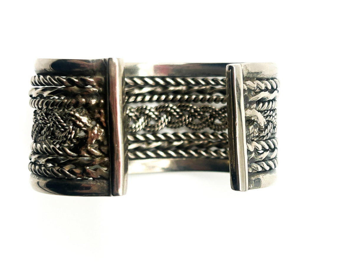 Silver Tone Woven Braid Rope Effect Cuff Bracelet Chunky Wide Adjustable Bangle