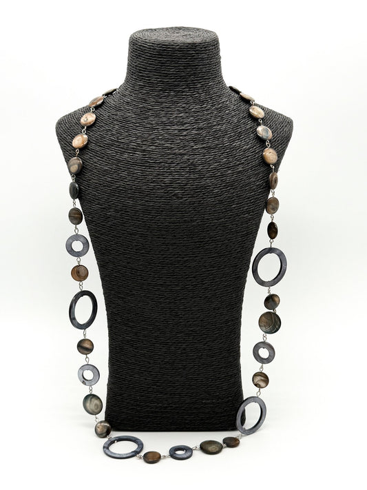 Long Shell Disc Hoop Long Necklace Grey Brown Iridescent Statement Unsigned M&S