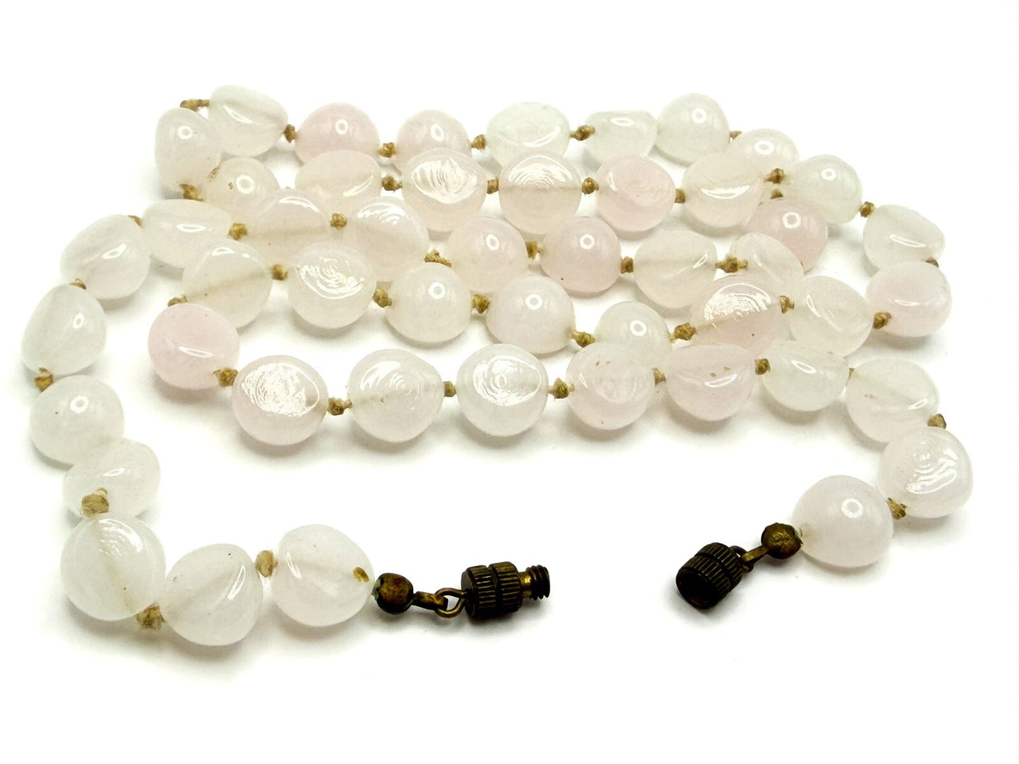 Pale Rose Quartz Domed Bead Necklace – Hand-Knotted, 25”