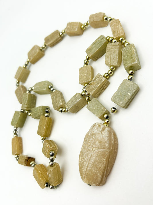 Egyptian Revival Carved Scarab Bead Necklace – Soapstone Panel with Drop Pendant