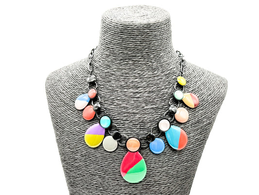 Colourful Acrylic Statement Necklace Drop Bib Black Chain Retro Style