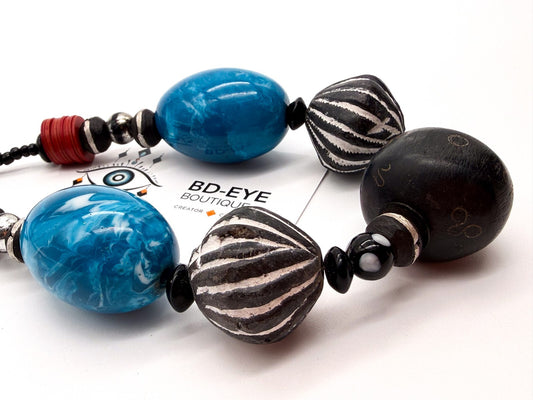 Chunky Blue Black Statement Necklace Carved Clay Beads Ethnic Style Wood 22”