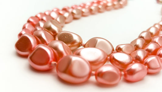 Pink Multi Strand Glass Bead Necklace Faux Pearl Graduated Retro Statement