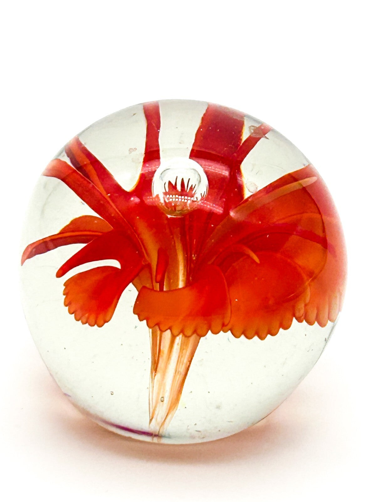 Fenton Art Glass Paperweight Orange Flower USA Domed
