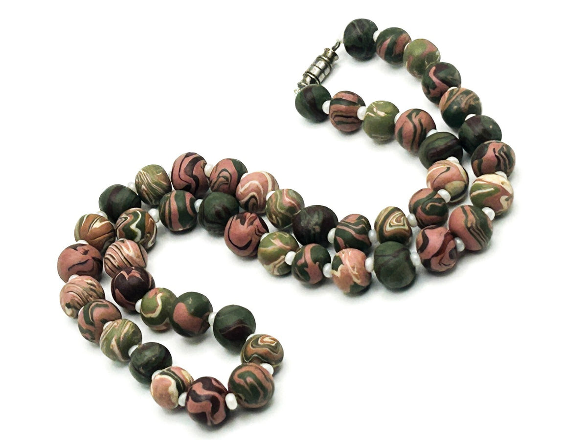 Polymer Clay Bead Necklace Swirl Green Pink Brown Artisan Style 20”