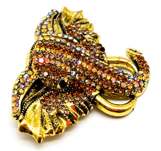 Vintage Elephant Head Brooch Gold Tone AB Orange Peach Rhinestones Green Eye