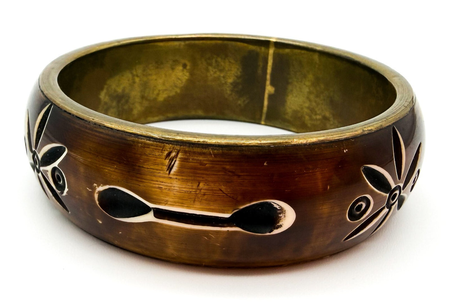 Vintage Brass & Carved Organic Material Floral Bangle Bracelet