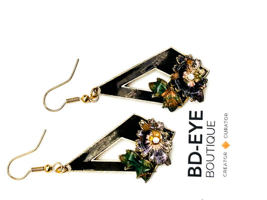 Vintage Cloisonné Floral Geometric Drop Earrings Rhinestone Detail Black Green