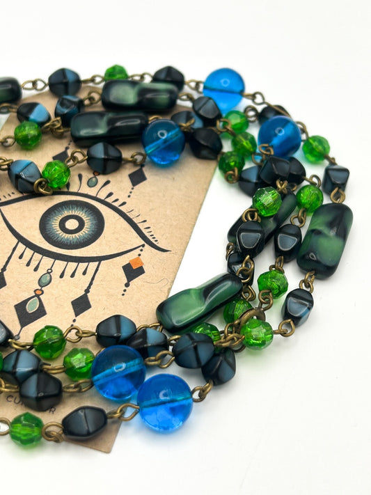 Vintage Blue and Green Glass and Acrylic Long Beaded Necklace