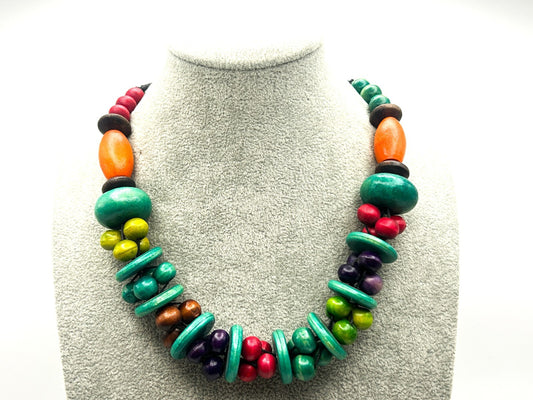 Vintage Multicolour Wooden Bead Necklace with Disc Spacers and Toggle Clasp