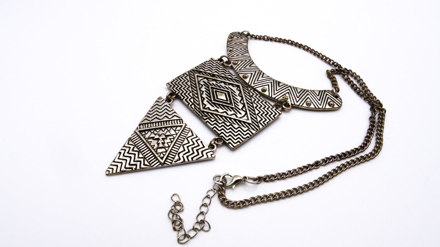 Geometric Tribal-Inspired Statement Necklace - Silver Tone Pendant Chain Panel