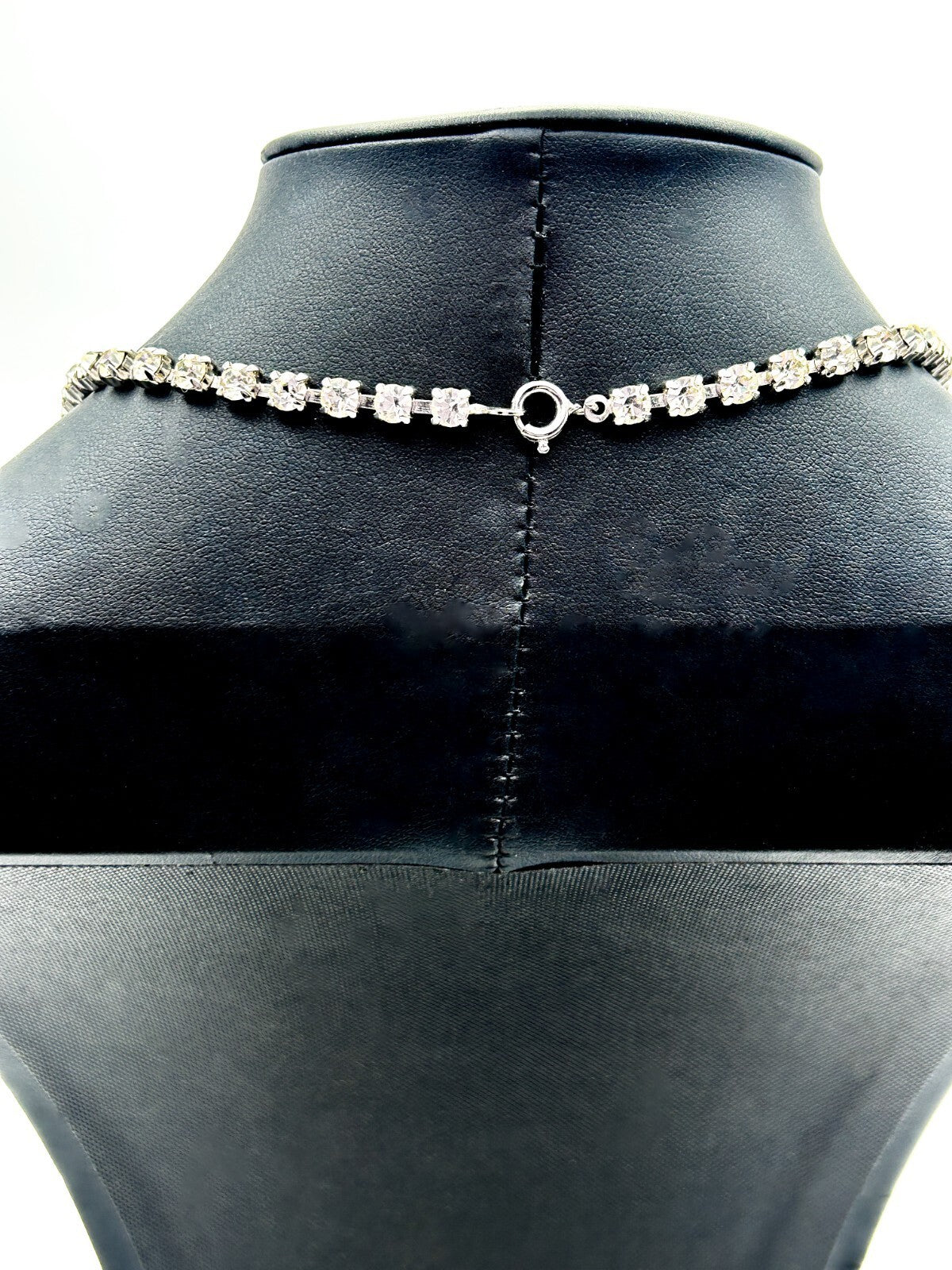 Rhinestone Necklace Silver Tone Clear Crystal Drop Pendant Prong Set Choker 15”