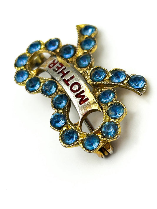Vintage Mother Brooch 1960s Blue Rhinestone Bow Gold Tone Pin Retro Mum Mom
