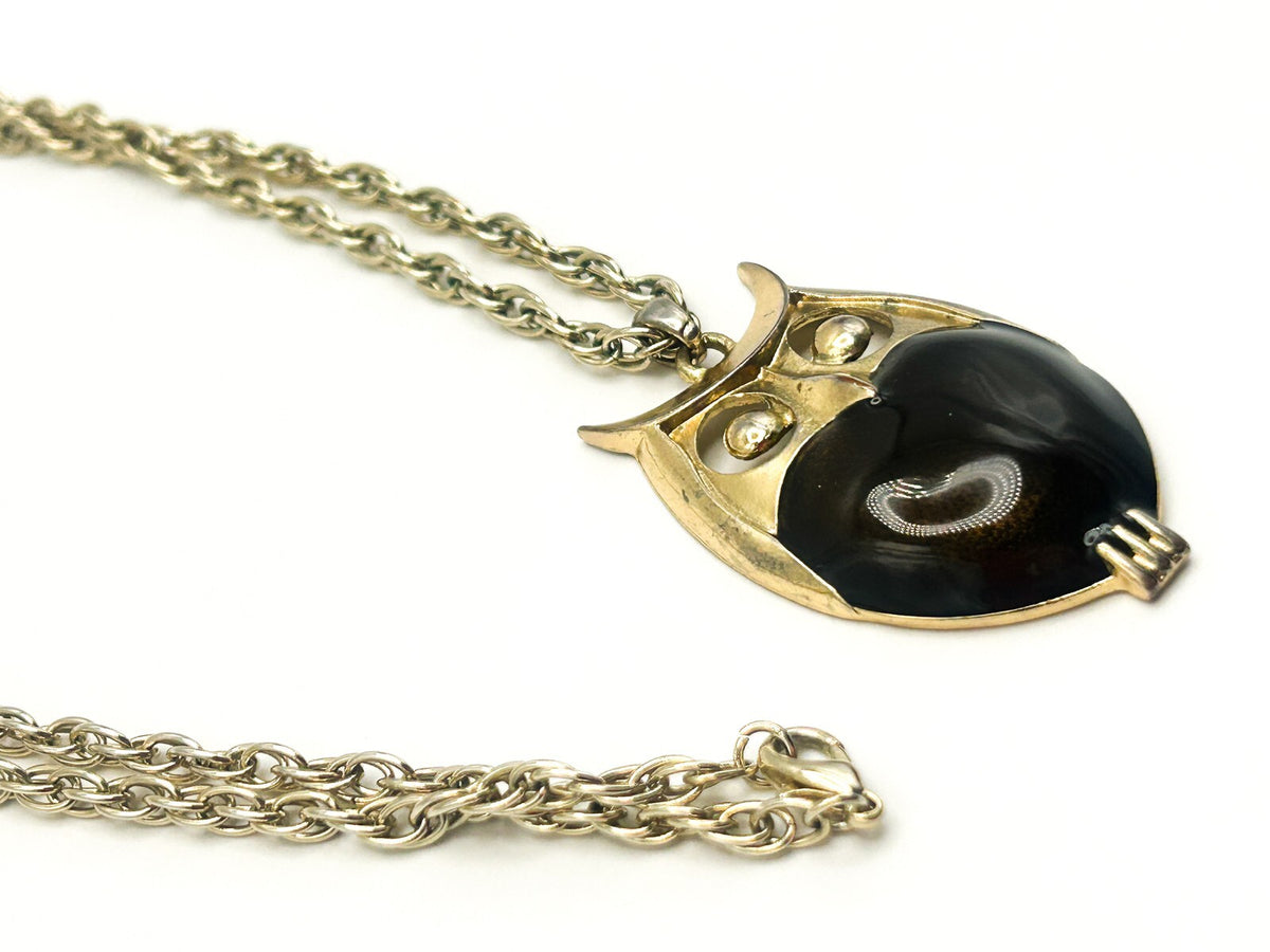 Gold Tone Owl Pendant Necklace with Brown Shimmer Enamel Belly
